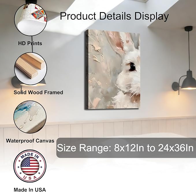 RIBNTAK Modern Easter Bunny Canvas Wall Art 12x18, Framed White Rabbit Canvas Prints Picture for Living Room Wall Decor, Simple Spring Artwork Painting for Fireplace,Bathroom, Bar, Office
