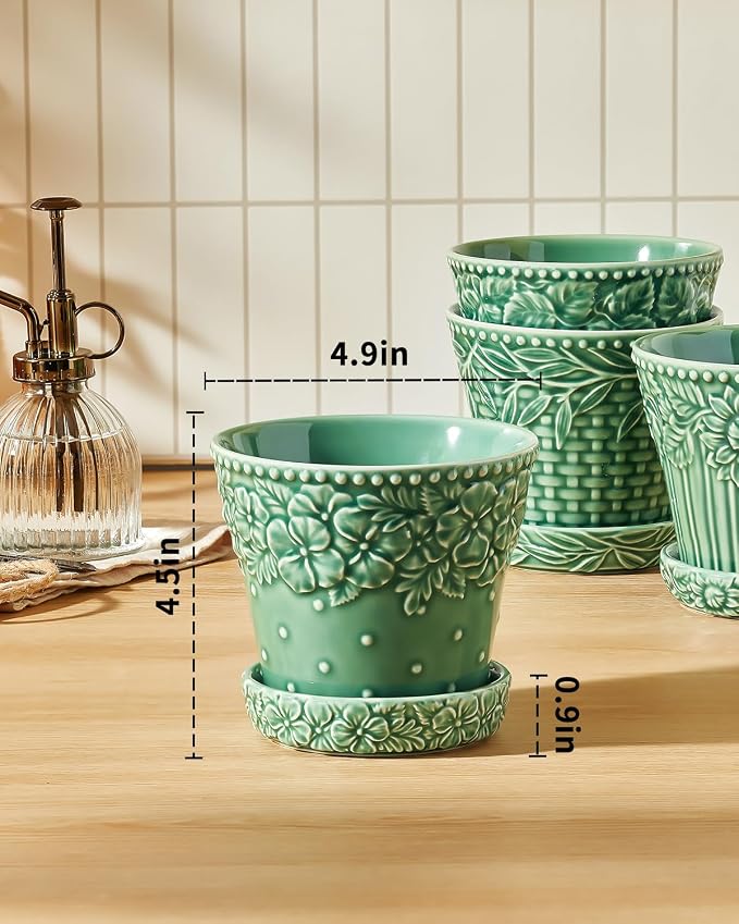 Metahom 4.9 Inch Ceramic Pots for Plants, Flower Pots Set of 4, Green Color