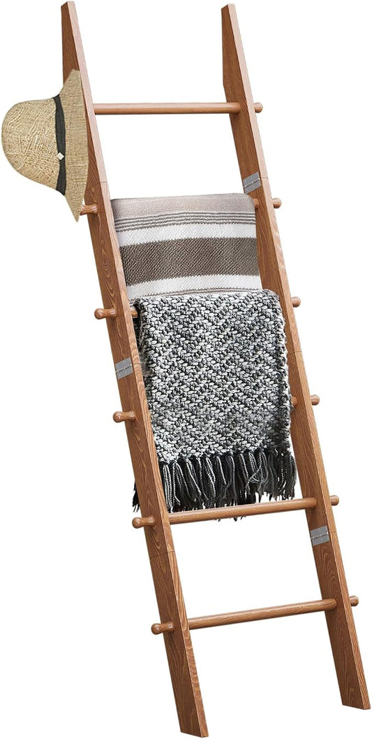 TEAKMAMA 6-Tier 5.4ft Blanket Ladder with Hanging Knobs Honey Brown | Farmhouse Wall Leaning Solid Wood Scratch & Slip Proof Quilt Rack, Living Room Bedroom Bathroom, Xmas Deco, Easy Setup