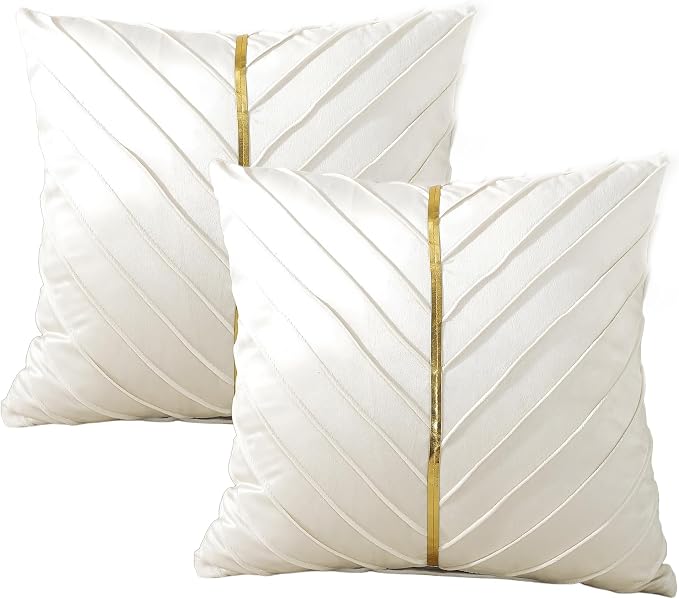 TAOSON Beige Gold Leather Velvet Throw Pillow Covers, 18"x18", Pack of 2 | Gold Leather Decorative, Cushion Cases, Spring Summer, Sofa Couch Living Room Décor
