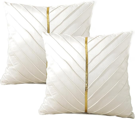 TAOSON Beige Gold Leather Velvet Throw Pillow Covers, 18"x18", Pack of 2 | Gold Leather Decorative, Cushion Cases, Spring Summer, Sofa Couch Living Room Décor