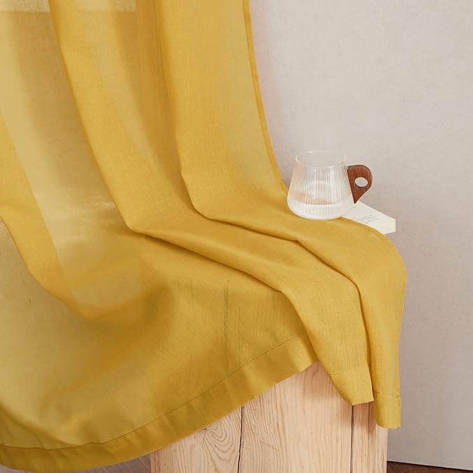 NICETOWN Semi Sheer Curtains Flax Linen Texture, Grommet Retro Window Treatment Linen Weave Vertical Drapes Privacy with Light Filter for Living Room, Citrine, 2 Panels, W52 x L84
