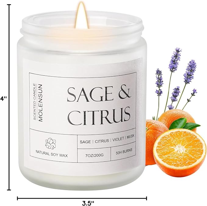 Molensun Sage Citrus Scented Candle, Soy Wax 7 oz | Fresh sage and citrus aromatherapy fragrance; 50H burn long-lasting jar candle; Gift for women