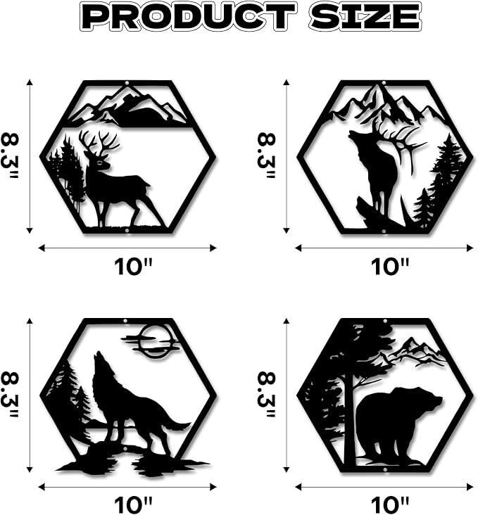 Xedatric Rustic Forest Metal Wall Art 4-Piece Bear Deer Wolf Moose | Black forest theme for cabin decor, rustic wildlife animal silhouette set, indoor wall hanging.