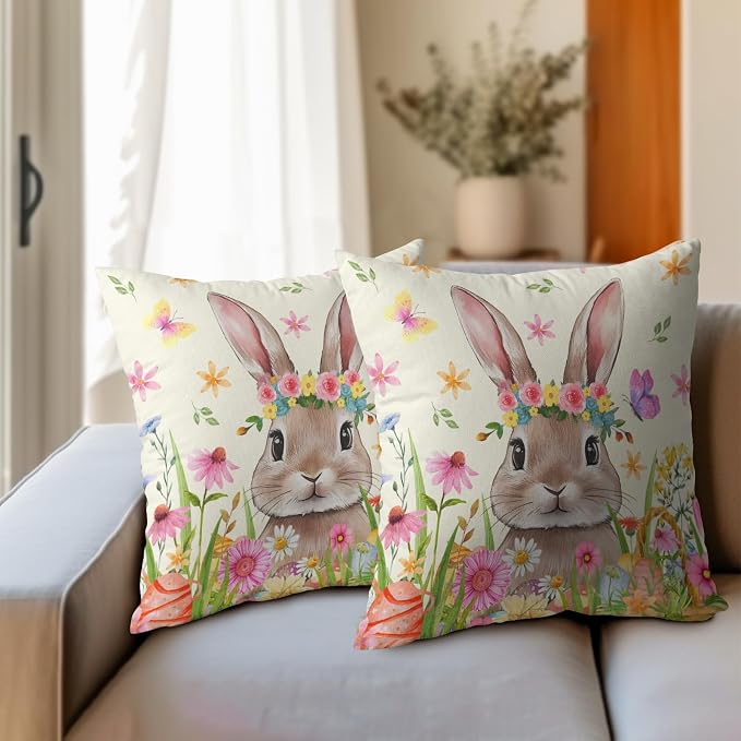 Easter Rabbit Throw Pillow Covers 20x20 Inch Set of 2 Cute Bunny Cotton Linen Square Cushion Case Spring Colorful Floral Easter Theme Decorative Pillowcase for Home Bench Couch Sofa