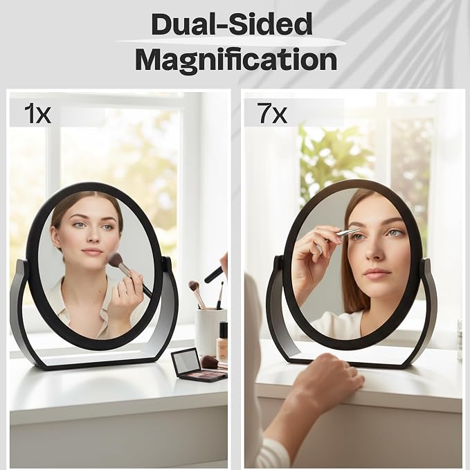 Danielle Creations Oval Soft Touch Vanity Mirror, Black, 1x/7x Magnification Makeup Mirror with Stand, Tabletop & Desk Mirror for Bathroom, Bedroom, Portable Beauty Use