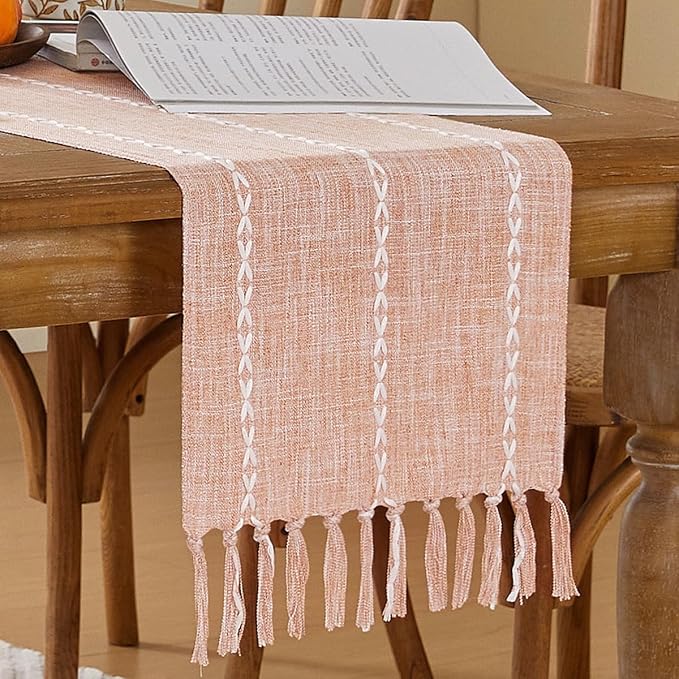 Wracra Rustic Linen Table Runner, Orange Table Runners 60 inches Long | Raised Embroidered Design and Hand-Tassels;Cotton Linen Woven Fabric; Farmhouse Table Runner;Home Kitchen Dining Decor
