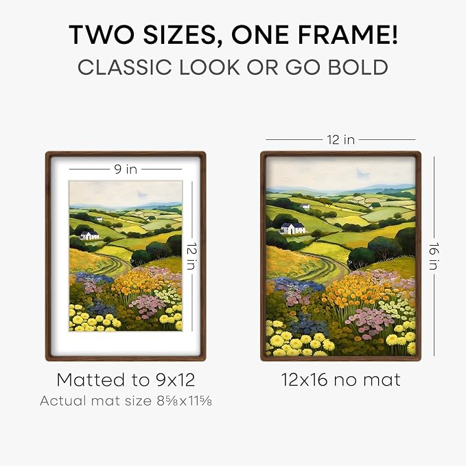 Homeforia 12x16 Mortise&Tenon Walnut Picture Frame, 9x12 Mat, Glass
