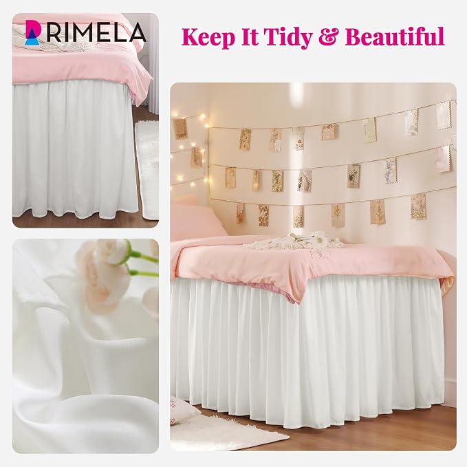 Dorm Bed Skirt Twin XL 42" Drop, College Dorm Essentials, Warm White | Solid ruffled, Wrap-around/elastic, Wrinkle & Fade resistant, with Adhesive Strips, Gift Packed, Machine Wash/Tumble Dry/Iron