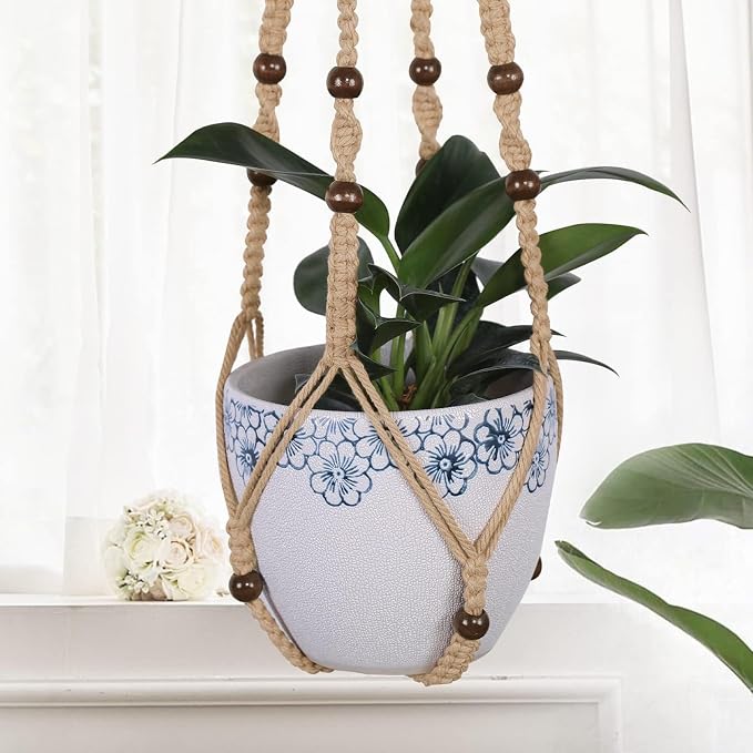 Macrame Plant Hangers with Beads for Indoor and Outdoor, 3 Pack