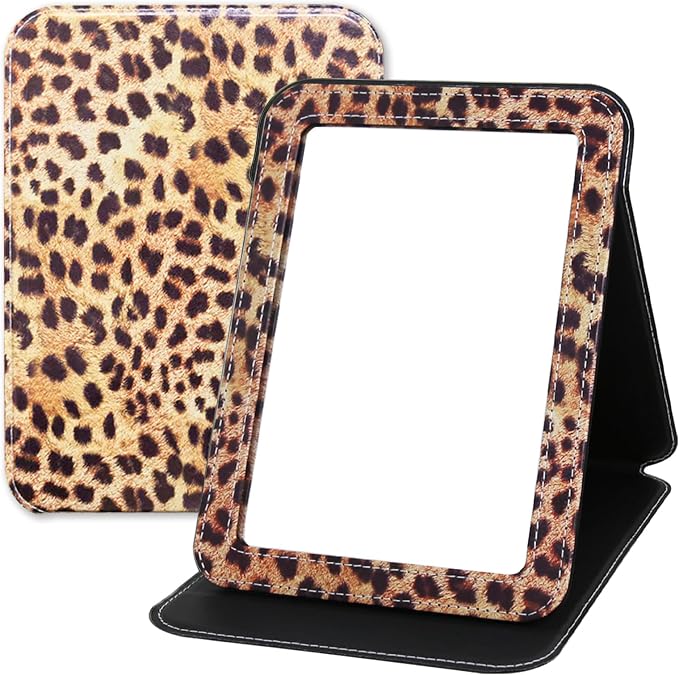 Foldable Travel Makeup Mirror, Portable PU Leather Standing Desk Mirror Rounded Corner, Large Folding Desktop Vanity Mirror with Adjustable Stand for Vanity Table, Office, Camping Leopard Print