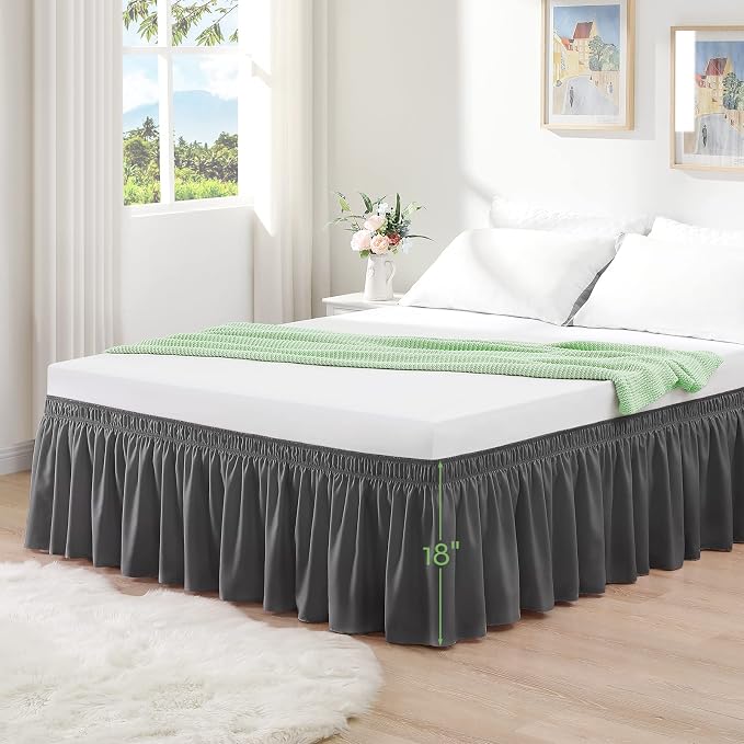 Dark Grey Bed Skirt King Size 18" Drop, Elastic Wrap Around Bedskirt | Solid Ruffled, Easy to Use, No Mattress Lifting, Wrinkle & Fade Resistant, with Adhesive Strips, Machine Wash/Dry/Iron
