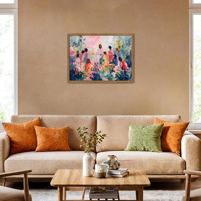 Framed Jesus With Children Wall Art, Christian Jesus Teaching Kids Wall Decor Paintings, Religious Nursery Poster Canvas Prints Artwork for Living Prayer Room Bedroom 12x16 inch