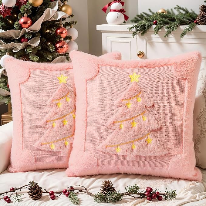 Christmas Pillow Covers Set of 2 Soft Plush Faux Fur Pillow Cases 3D Embroidered Decorative Couch Cover Home Decor Christmas Throw Pillow Covers 18x18,Pink Christmas Tree