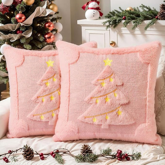 Christmas Pillow Covers Set of 2 Soft Plush Faux Fur Pillow Cases 3D Embroidered Decorative Couch Cover Home Decor Christmas Throw Pillow Covers 18x18,Pink Christmas Tree