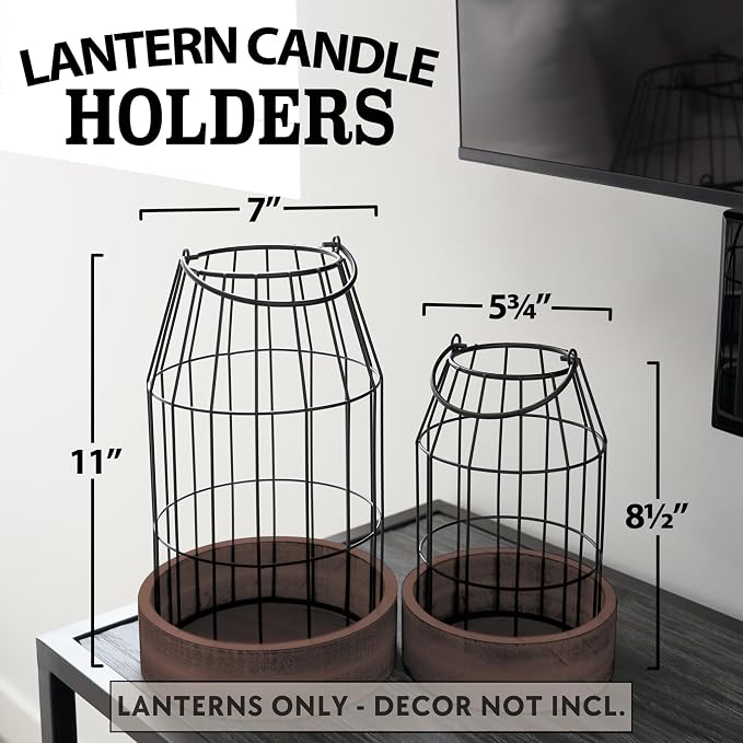 Rustic Farmhouse Lantern Decor Set of 2 - Stylish Decorative Lanterns for Your Living Room, Patio & Porch or Kitchen Dining Table - Modern Indoor/Outdoor Coffee Table Decor for Your Entire Home