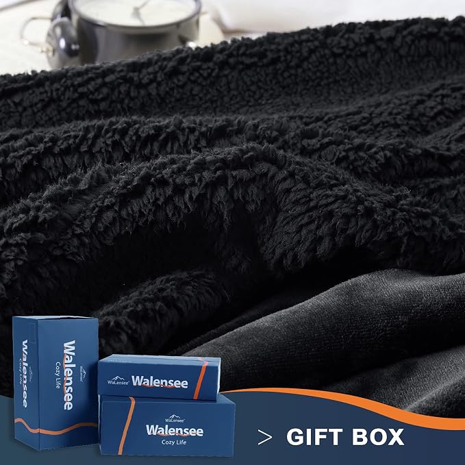 Walensee Sherpa Fleece Blanket (King Size 108”x90” Black) Plush Throw Fuzzy Super Soft Reversible Microfiber Flannel Blankets for Couch, Bed, Sofa Ultra Luxurious Warm and Cozy for All Seasons