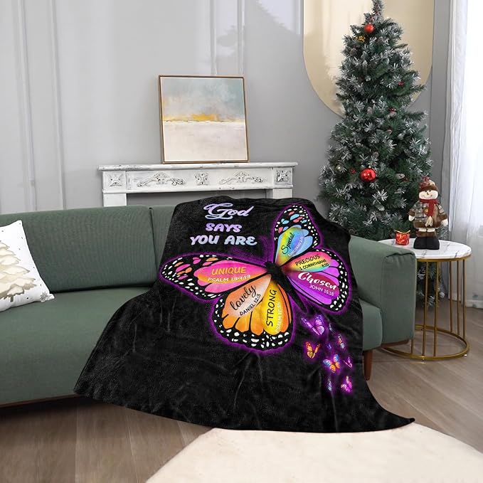 Christian Butterfly Throw Blanket, Inspirational Religious Gifts for Women, Ultra Soft Plush Fleece for Mom, Wife, Sister, Friend, All Seasons Couch Bed Home Decor