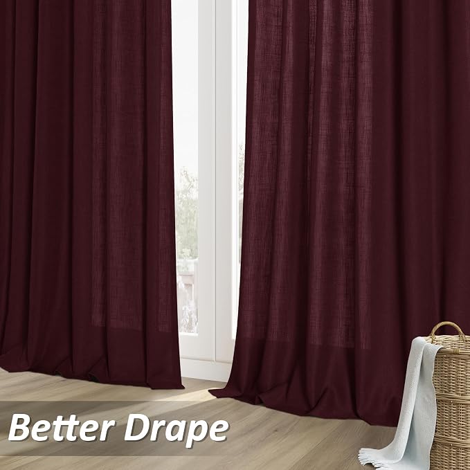 Burgundy Linen Curtains 102 Inches Long 2 Panel Set Rod Pocket Semi Sheer Dining Room Cozy Bedroom Decor Cotton Look Country Rustic Farmhouse Boho Curtains 52x102