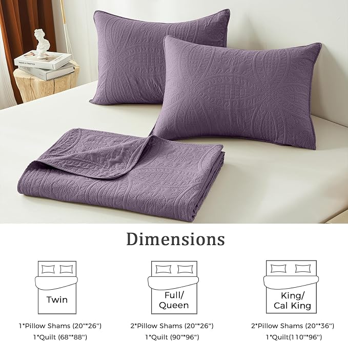 akkialla Grayish Purple Full/Queen Quilt Set, Ultrasonic Lightweight Bedspread Coverlet for Modern Minimalist Bedroom, Soft Microfiber Coin Pattern Bedding, 3-Piece (1 Quilt, 2 Pillow Shams) | Breathable fabric