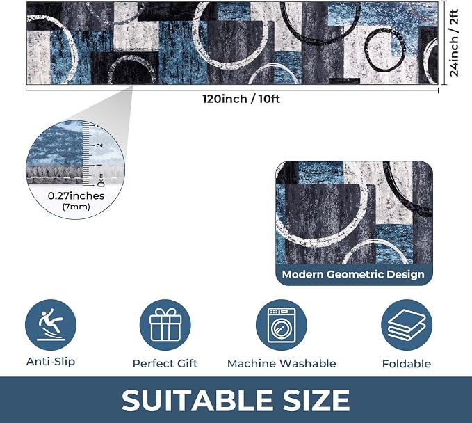Yamaziot 2x10 Washable Modern Abstract Runner Rug Non-Slip for Hallways | Stain Resistant Kitchen Rug with Rubber Backing, Low Pile, Ultra Soft Carpet Runner for Bedroom, Laundry, Entryway, Blue