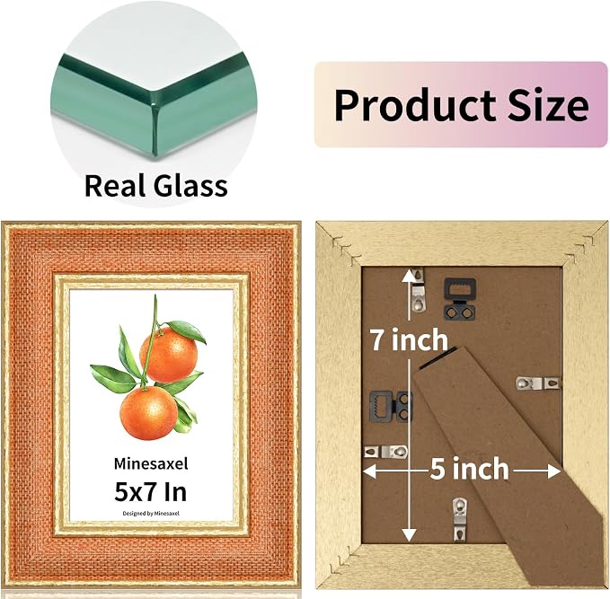 5x7 Picture Frame - Orange Fabric & Vintage Gold Border HD Real Glass with Easel for Tabletop/Wall (Family Photos, Farmhouse Decor 1 Pack)
