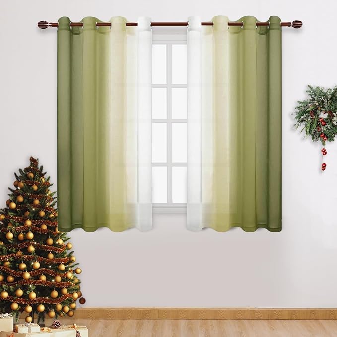 DWCN Ombre Faux Linen Sheer Curtains - Gradient Semi Voile Grommet Top Bedroom and Living Room Curtains, Set of 2 Window Curtain Panels, 52 x 54 Inch Length, Olive Green