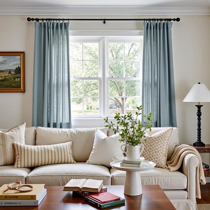 jinchan Custom Size Curtain Blue Linen Blend Curtain 1 Panel for Bedroom Living Room, Light Filtering Farmhouse Drape with Rod Pocket Back Tab (Blue)