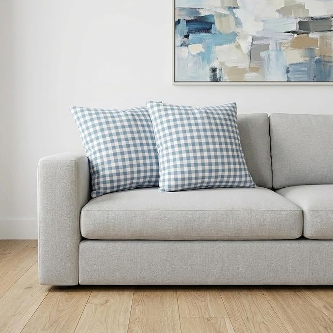 Light Blue Outdoor Gingham Throw Pillow Covers 18x18 Set of 2,Coastal Decor | 18 x 18 Blue Outdoor Throw Pillows, Outdoor Pillows for Patio Furniture Front Porch, Blue and White Outside Decorative Pillow