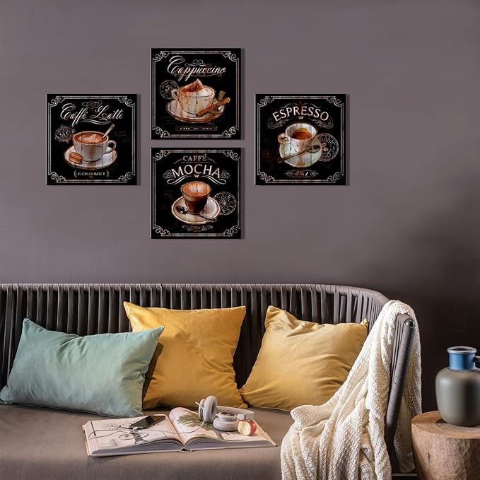 Vintage Coffee Wall Decor Kitchen Bar Wall Art Retro Brown Coffee Picture Latte Mocha Espresso Cup Cafe Signs Canvas Painting Modern Artwork for Dining Room Restaurant Office Home Decoration 16x16" 4P