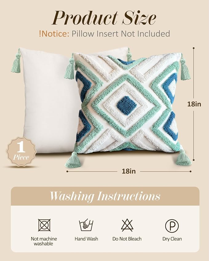 Throw Pillow Covers 18x18 - Tufted Decorative Pillow Cover with Zipper for Couch Sofa Bed Living Room Aesthetic Tassels Textured Striped Farmhouse Indoor Pillowcases, Green Blue Rhomb
