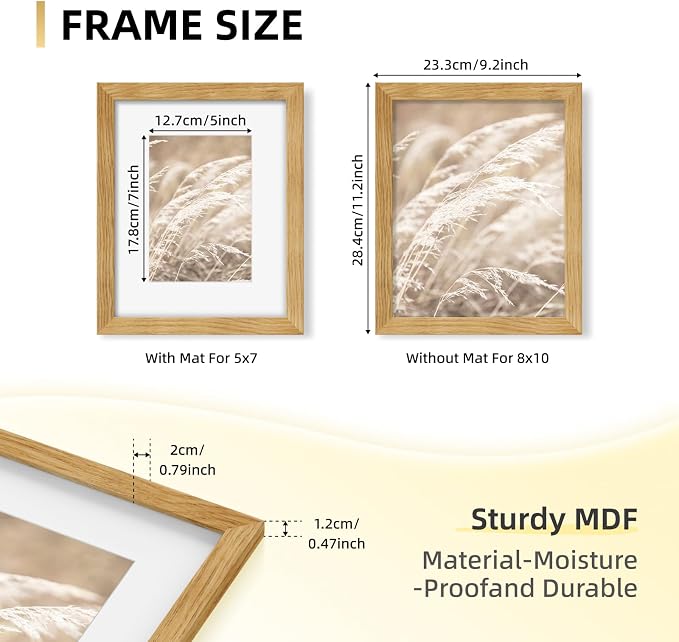 YESKAY 8x10 Picture Frame Set of 9, Display Pictures 5x7 with Mat or 8 x 10 Without Mat, Multi Photo Frames for Wall Mounting or Table Top Display, Natural Oak