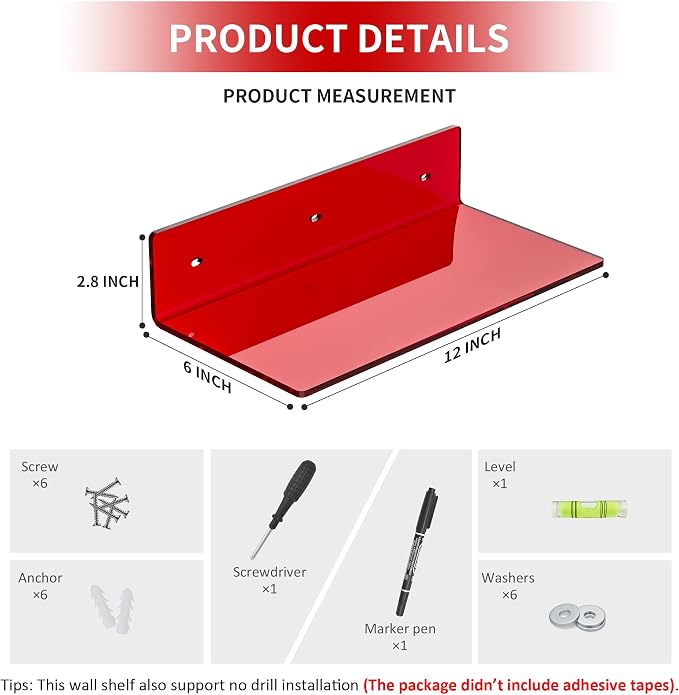 Sezanrpt 12 Inches Red Small Wall Shelves, Acrylic Bathroom Floating Shelves for Living Room, Bathroom, Bedroom, 2 Pack