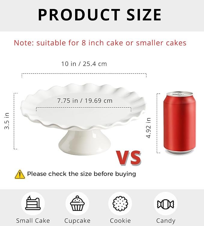 White Cake Stand for 8 Inch Cake, 10 Inch Cake Stands for Tea Party | Porcelain Round Dessert Stand, Small Cake Plate Cupcake Stand for Dessert Table Display, Farmhouse Kitchen Decor, Ruffle Trim