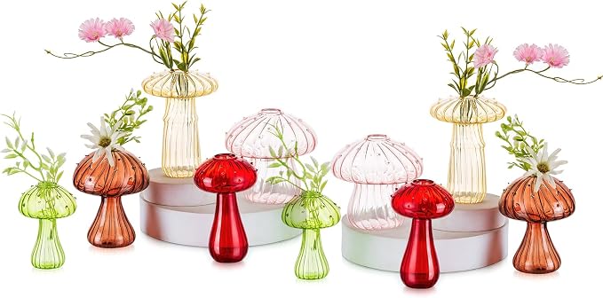 Hewory Glass Mushroom Vase for Flowers, 10pcs Colored Small Bud Flower Vases Unique, Mushroom Propagation Hydroponic Vases, Funky Cottagecore Decor for Home Room Kitchen Office Windowsill Decorations | Propagation Vases, Mushroom Decor, Gifts for Plant...