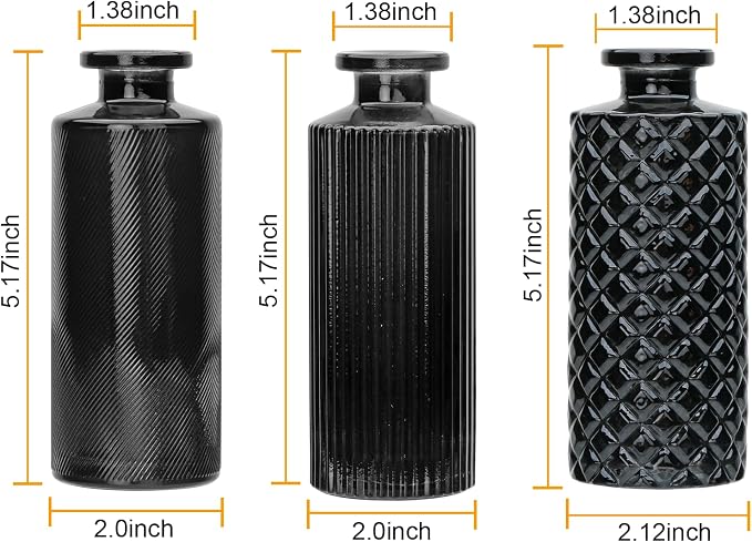 Glass Bud Vase Set in Bulk, 9pcs Mini Vintage Flower Vases | Small Vases for Centerpieces ,Black Relief Vase ,Home Table Flower Decor,Bud Vases for Wedding,Party Decorations