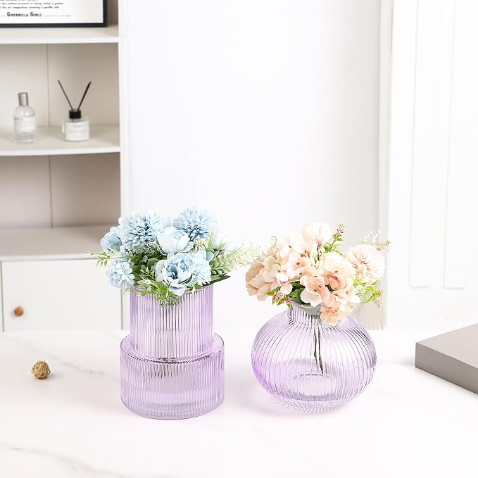 Ribbed Glass Vases, Set of 2 Fluted Vases for Flowers, Purple Glass Vase for Tulips, Modern Vase for Living Room, Kitchen, Office, Entryway, Mantle, Bookshelf, Wedding Gifts, Birthday