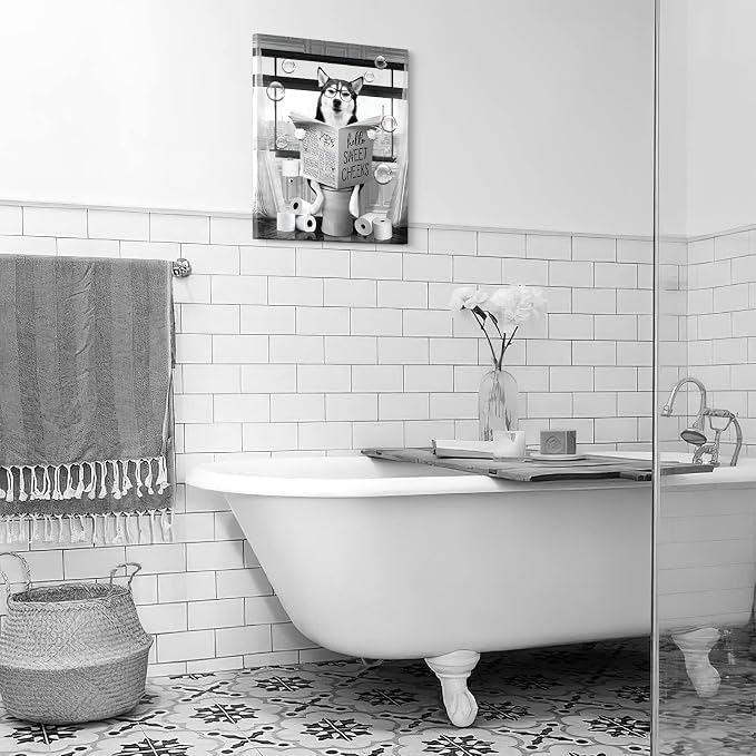 Parylore Funny Husky Dog Wall Art Black and White Bathroom Print Farmhouse Animals Decor Sitting in Toilet Reading Newspaper Painting Framed Artwork for 16x24 inch