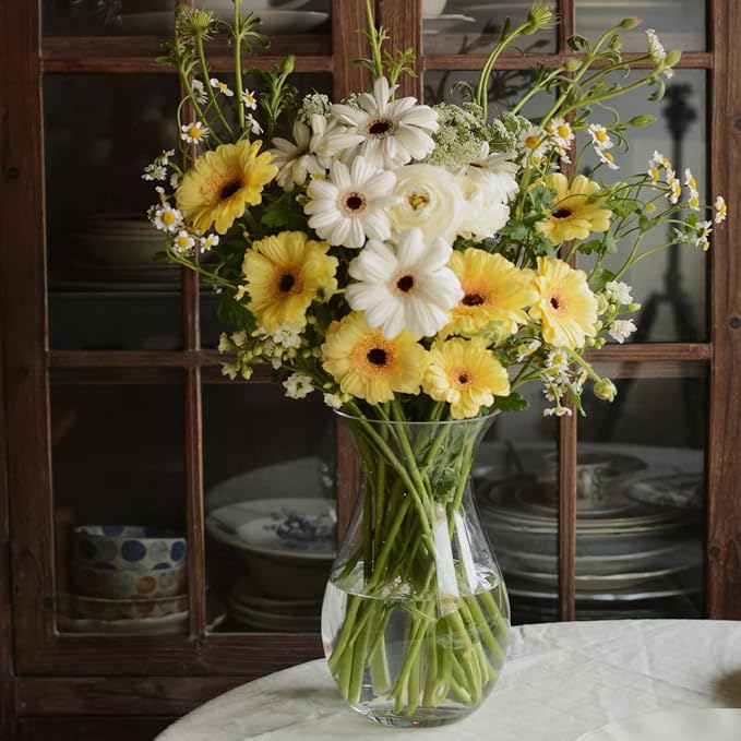 Clear Glass Vase for Flowers, 4.5" Dia 9" H Decorative Flower Vase | Wide Mouth Vase with Thickened Base, Modern Vase for Farmhouse, Glass Vase for Home Deocr, Centerpieces, Housewarming Gift