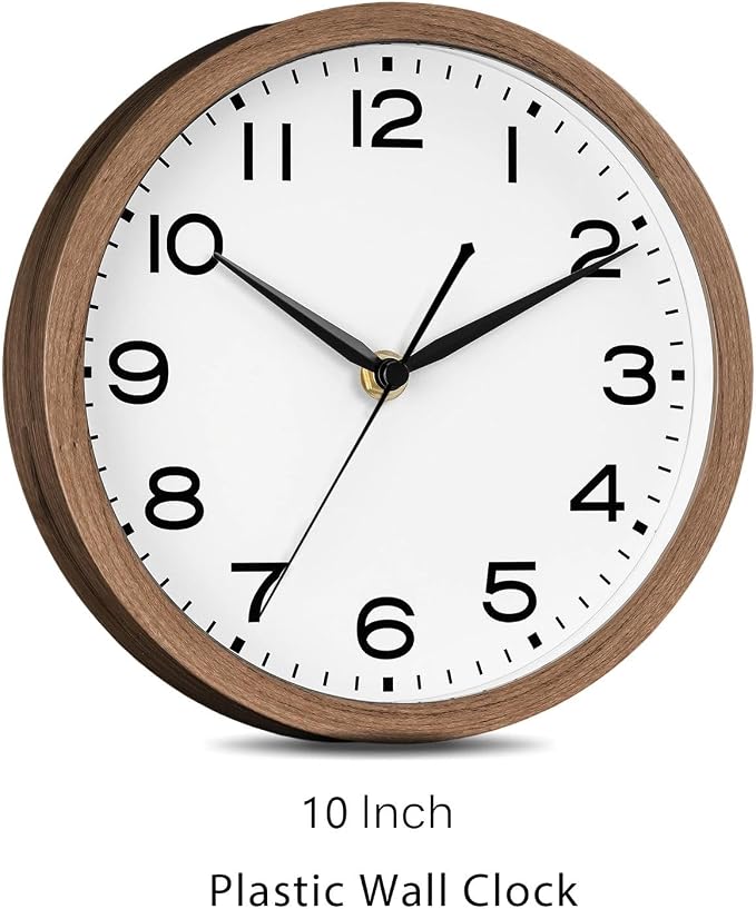 AKCISOT 10 Inch Wall Clock, Silent Battery Operated Analog Clock, Walnut | Classroom | Kitchen | Office | Easy to Read Numbers | Garage