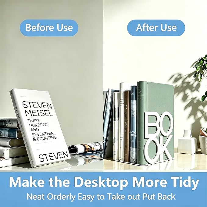 Book Ends - Decorative Metal Book Ends Supports for Bookrack Desk,Books, Unique Appearance Design,Heavy Duty (White, 4 Pair)
