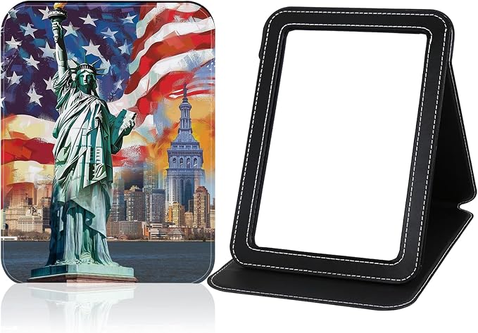 Portable Folding Makeup Mirror with Stand, 8.9"x6.5" PU Leather Compact Desk Mirror, Adjustable 90°-180° Angle, Ultrathin Travel Vanity Mirror for Office, Home, Camping, Statue of Liberty Design
