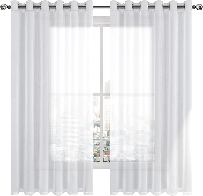 DWCN White Faux Linen Sheer Curtains - Grommet Voile Window Curtains Drapes for Bedroom Living Room 70 x 63 inch Length, Set of 2