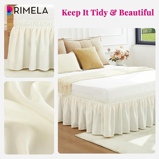 RIMELA Cream Bed Skirt Queen Size 12 Inch Drop, Wrap Around Elastic Adjustable Bedskirt, Bed skirting Dust Ruffle for Bed Frame & Box Spring Soft Durable Fabric Machine Washable Easy to Install | Solid Ruffled, Easy to Use, No Mattress Lifting, Wrinkle...