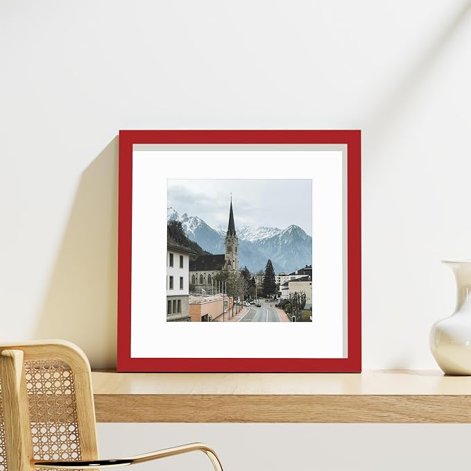 Vittanly 12x12 Picture Frames Set of 9 for Wall Mounting, Red | Display Pictures 8x8 with Mat or 12x12 without Mat for Wall Mounting, Square Photo Frames for Home Decor, Engineered Wood