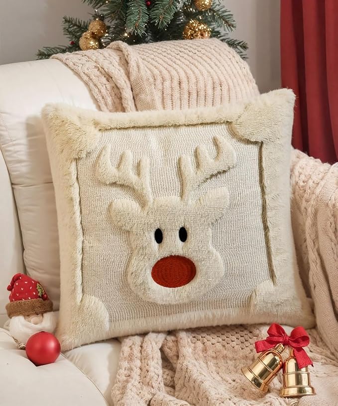 Christmas Pillow Covers Set of 2 Soft Plush Faux Fur Pillow Cases 3D Embroidered Decorative Couch Cover Home Decor Christmas Throw Pillow Covers 16x16,Beige Reindeer