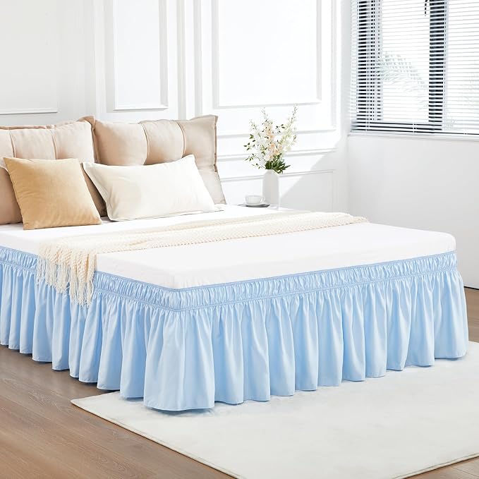 Light Blue Bed Skirt King Size 15" Drop, Elastic Wrap Around Bedskirt | Solid Ruffled, Easy to Use, No Mattress Lifting, Wrinkle & Fade Resistant, with Adhesive Strips, Machine Wash/Dry/Iron