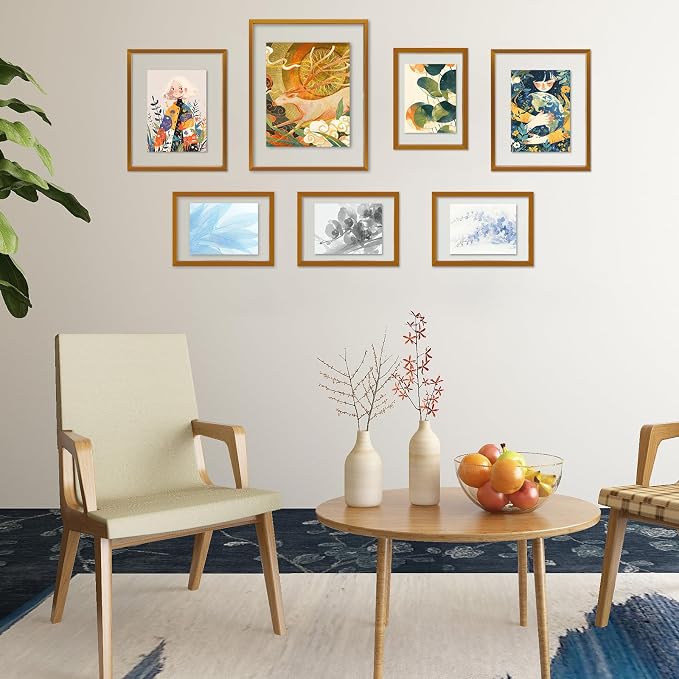 Golden State Art 7 Pack Aluminum Floating Frames Included 5x7 8x10 11x14 | Bronze, One 11x14 Two 8x10 Four 5x7 Frames, Wall Mount Display, Fit for Pictures, Pressed Flowers Any Size up to Frame Size
