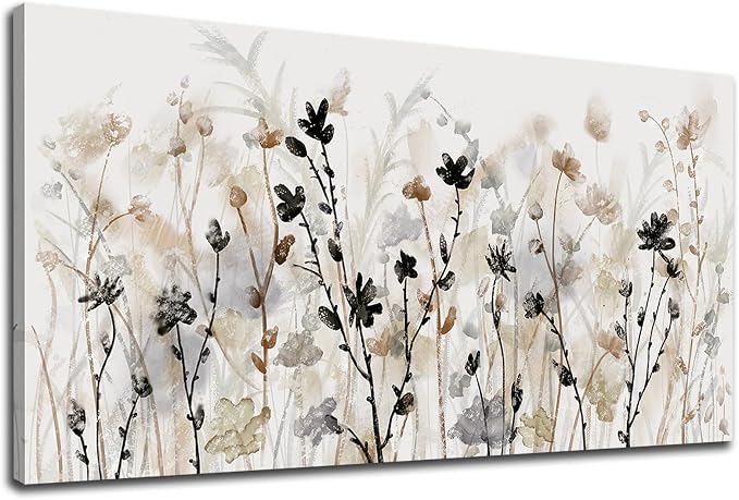 Abstract Floral Canvas Wall Art Grey Cream White Grass Flowers Canvas Pictures Modern Landscape Painting Botanic Artwork for Living Room Bedroom Kitchen Office Wall Decor Ready to Hang 20" x 40"