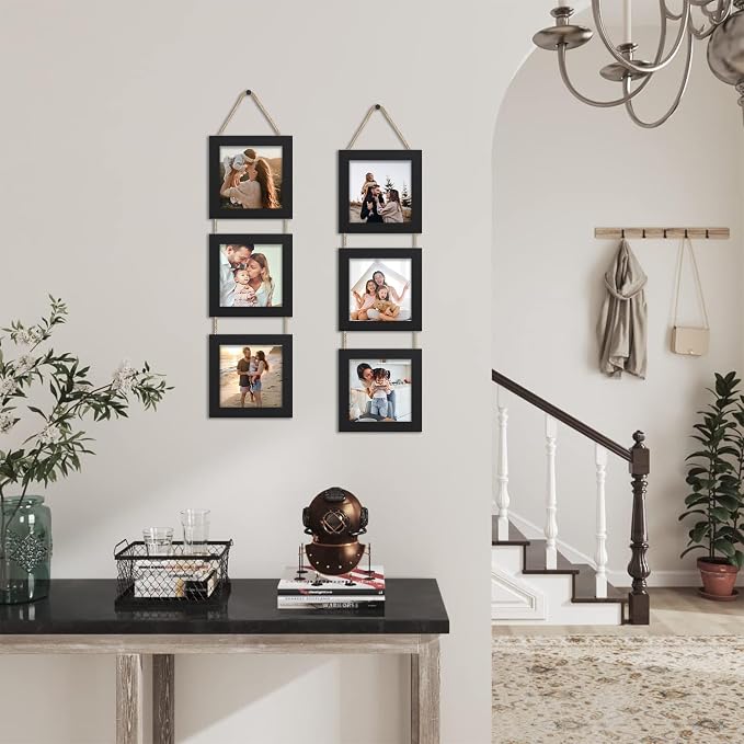 6x6 Collage Picture Frames Set of 2, Rustic Wooden Real Glass Vertical Hanging 3 Opening 6 by 6 Photo Frame, Black